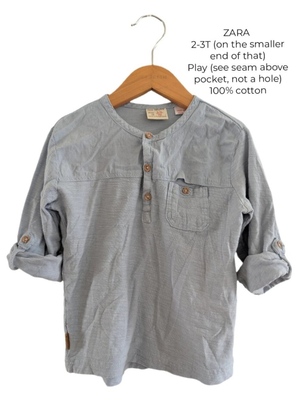 ZARA Light Blue Pocket Long Sleeve Shirt 2T 3T Boys clothing